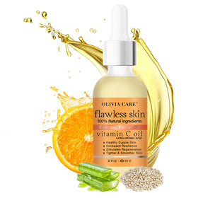 Olivia Care Vitamin C + Hyaluronic Oil bottle highlights boosted hydration for daily radiant skin.
