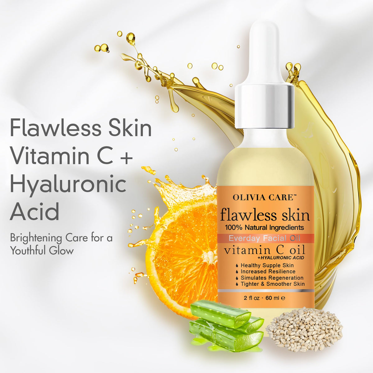 Olivia Care Vitamin C + Hyaluronic Oil dropper demonstrates precise application for instant soothing hydration.