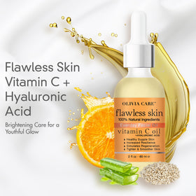 Olivia Care Vitamin C + Hyaluronic Oil dropper demonstrates precise application for instant soothing hydration.