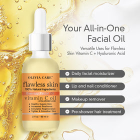 Olivia Care Vitamin C + Hyaluronic Oil skin glow closeup hints at improved texture with regular use.