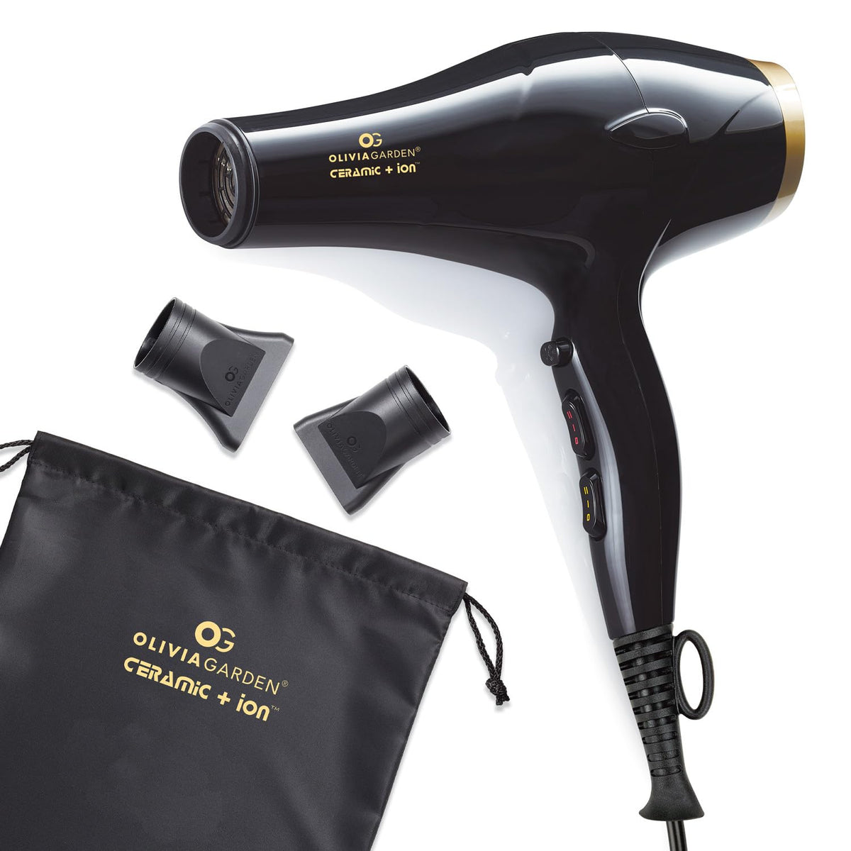 Olivia Garden 1875W hair dryer front view with powerful airflow for quick drying.