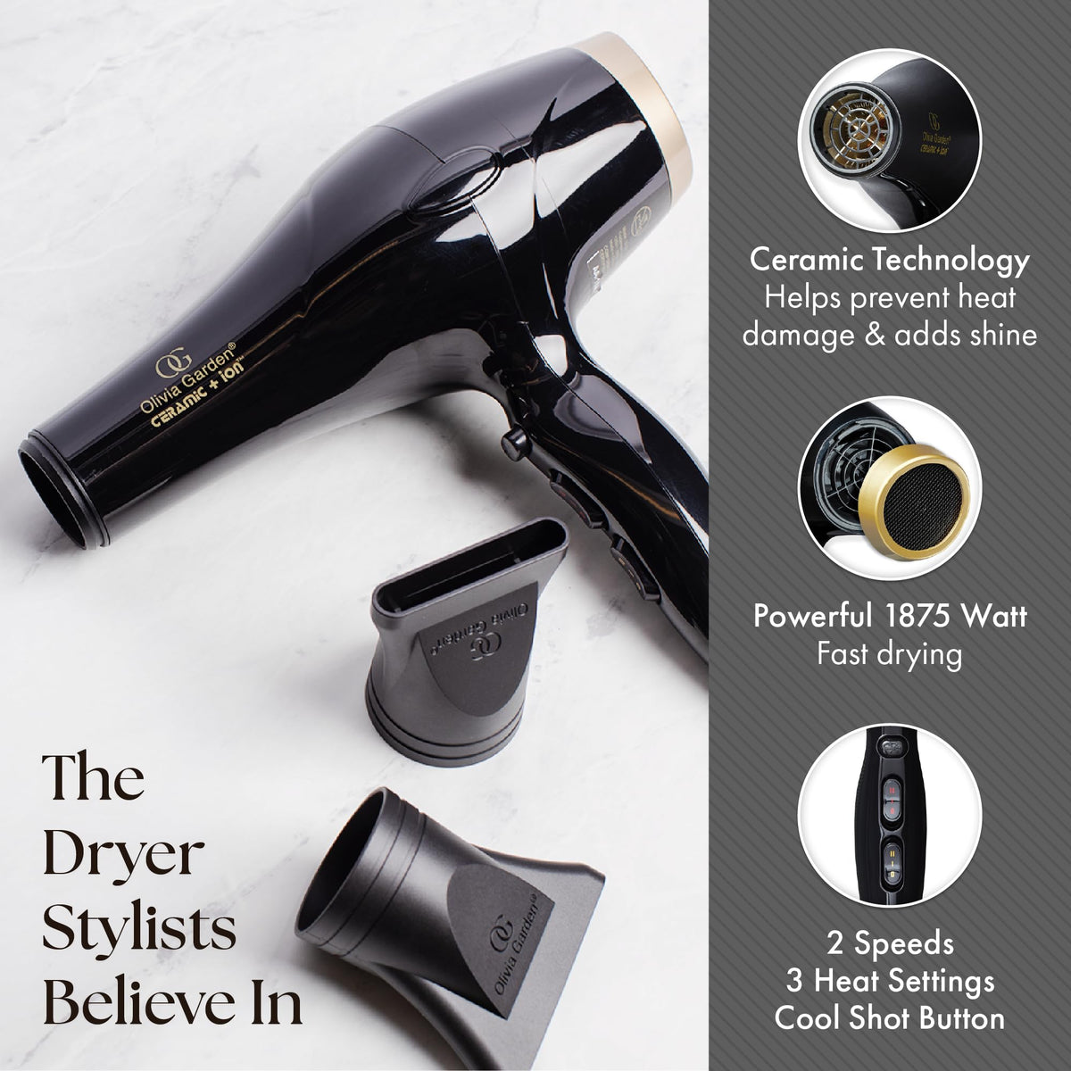 Olivia Garden 1875W hair dryer 65mm nozzle close-up for precise styling.