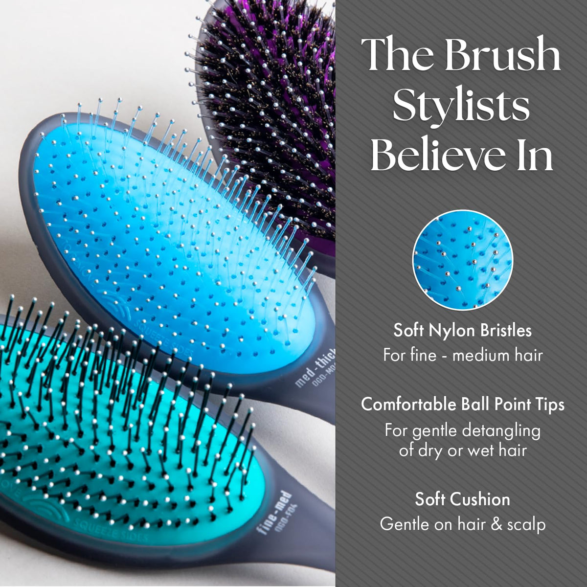 Close-up of Olivia Garden Aurora detangler bristles detangling fine to medium hair.