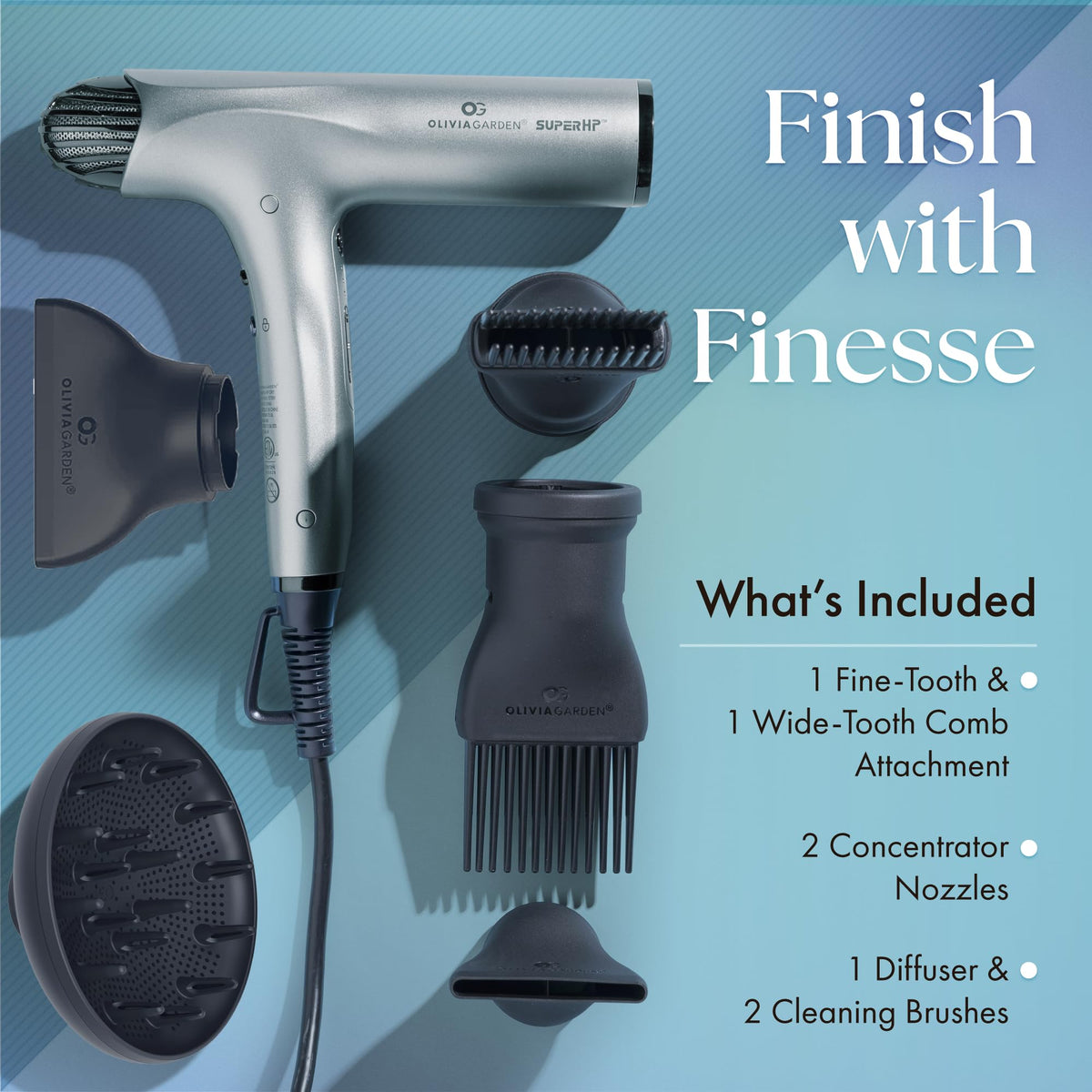 Olivia Garden concentrator nozzle focusing airflow for controlled styling.