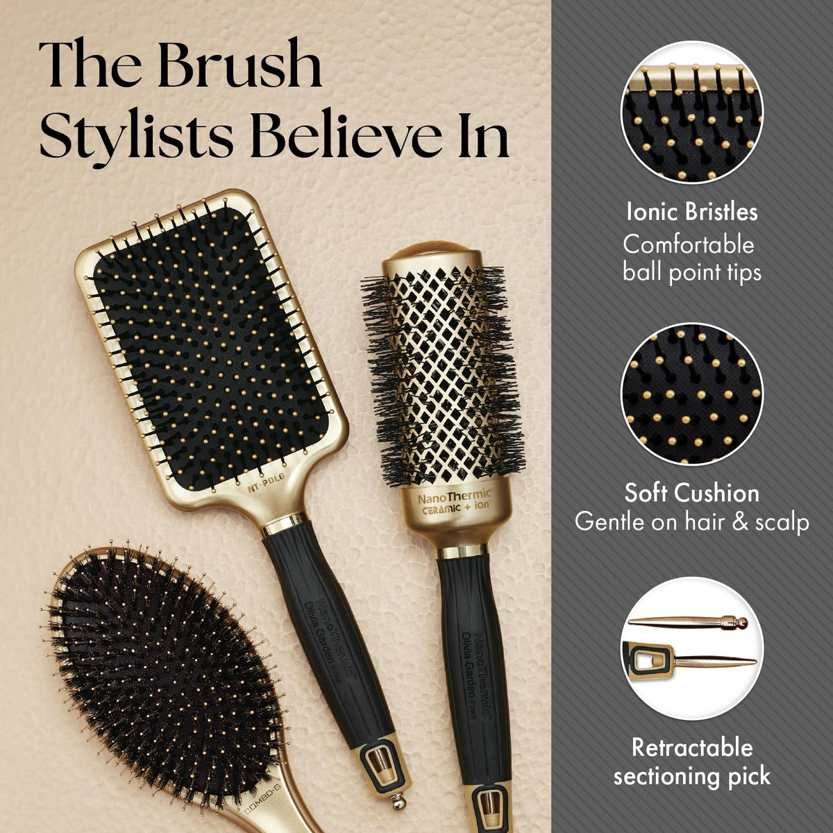 Olivia Garden NanoThermic brush ergonomic handle supports comfortable daily use.