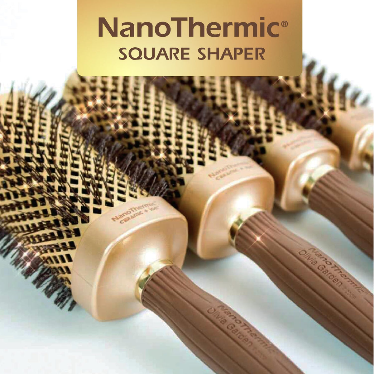 Olivia Garden NT-S30 square brush tourmaline ion technology enhances shine.