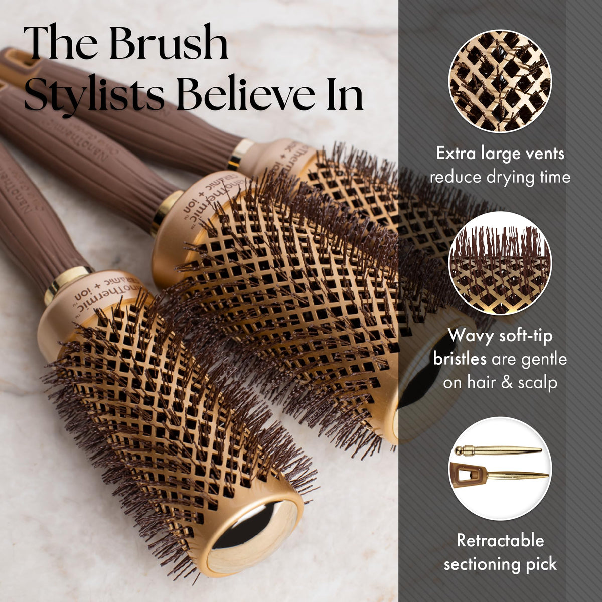 Retractable sectioning pick helps part hair cleanly during styling.