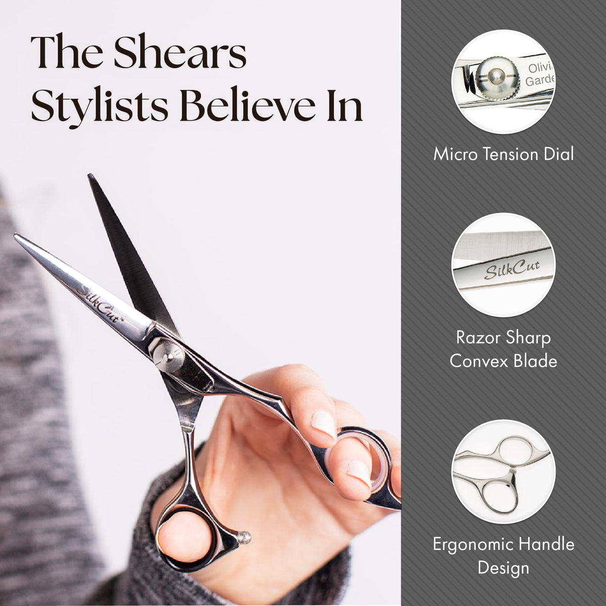 Olivia Garden SilkCut shear close-up with polished blades for clean snips.