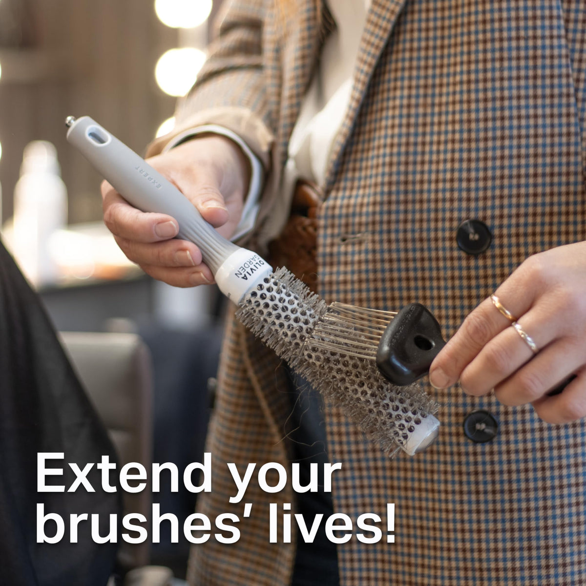 Countertop display-ready Olivia Garden Brush Cleaner keeping brushes ready to style