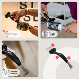 Large-side rake cleans hair and buildup from brush bristles efficiently