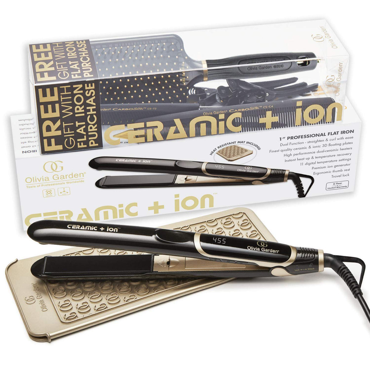 Olivia Garden ceramic ion travel flat iron close-up showing 3D floating plates for smooth styling