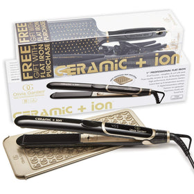 Olivia Garden ceramic ion travel flat iron close-up showing 3D floating plates for smooth styling