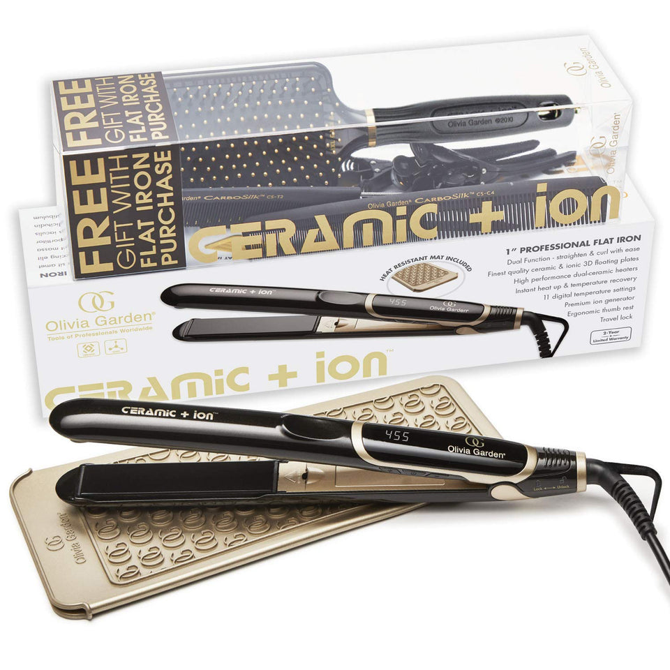 Olivia Garden ceramic ion travel flat iron close-up showing 3D floating plates for smooth styling