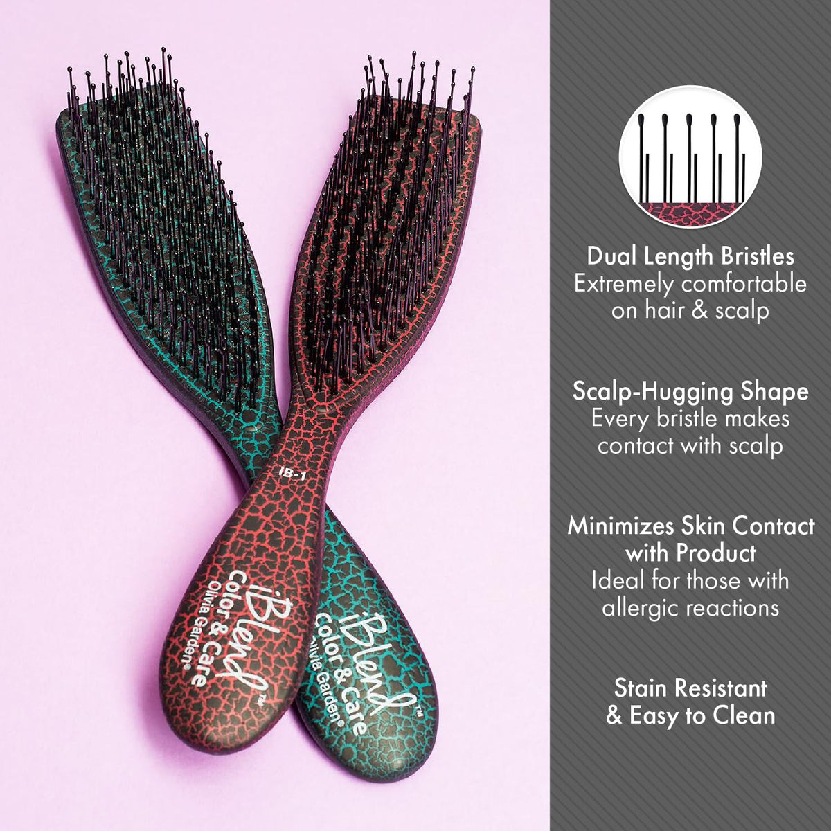 Olivia Garden iBlend teal brush, dual-length bristles shown for deeper and shallower layer reach.
