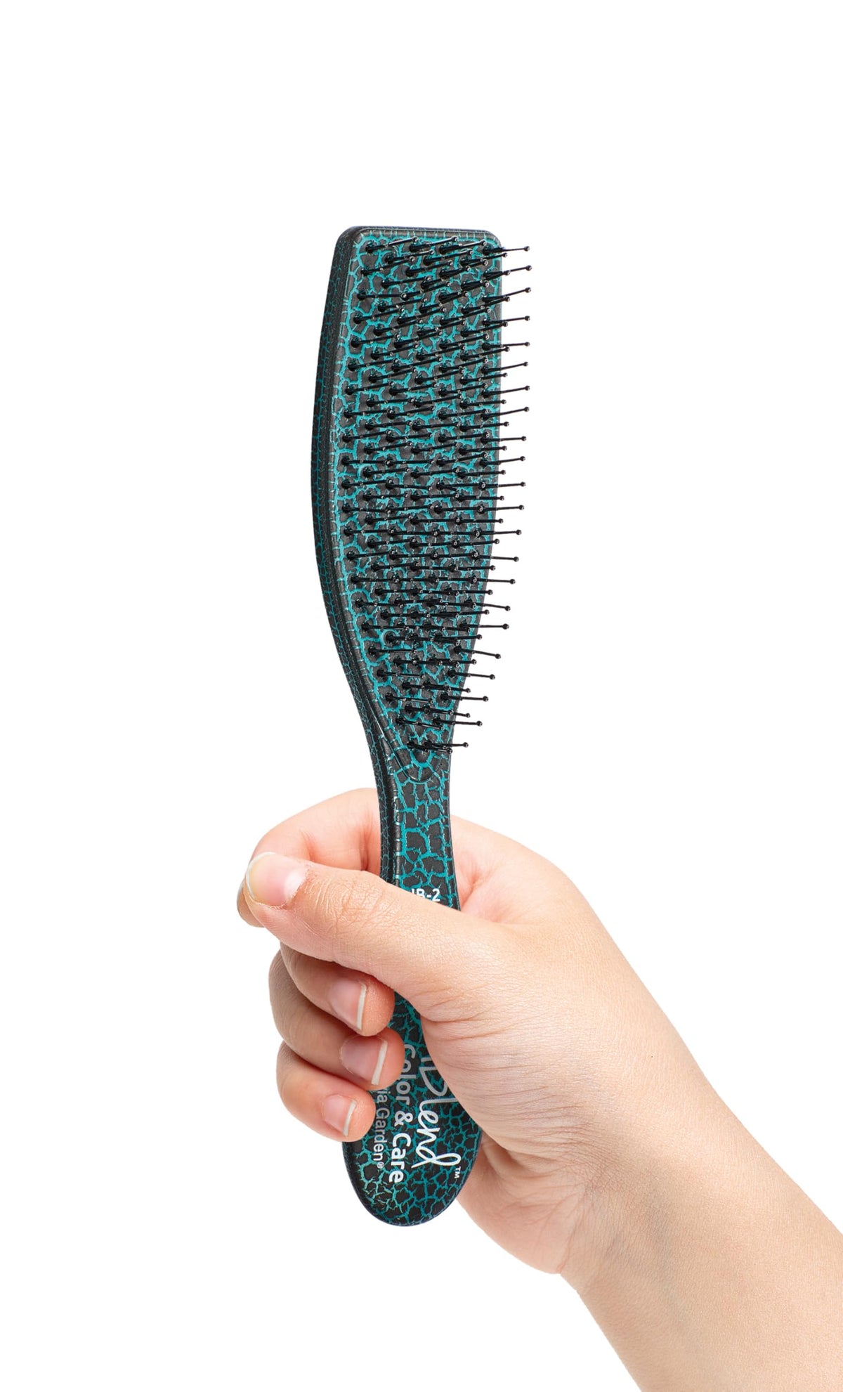 Olivia Garden iBlend teal brush, side view, gently penetrates cuticles for thorough product spread.