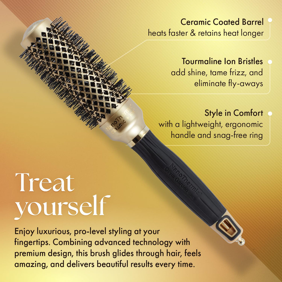 Olivia Garden NanoThermic soft-tip bristles glide gently to prevent snagging.