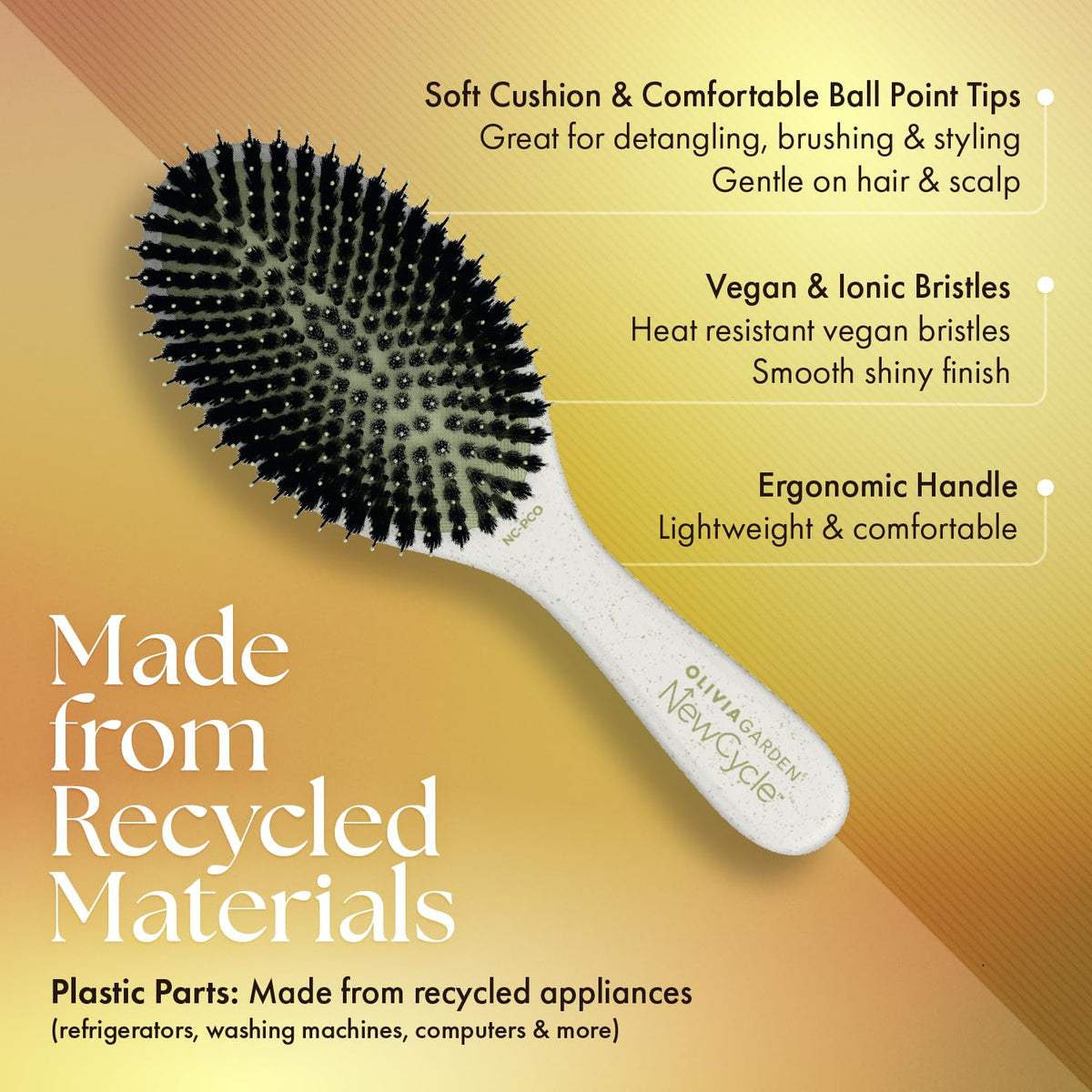 Close-up of Olivia Garden NewCycle cushion base for comfortable detangling during styling.