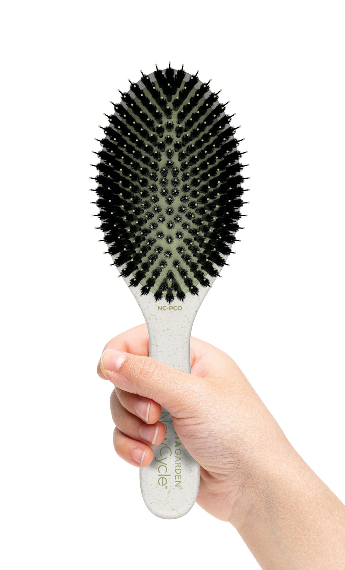 Olivia Garden NewCycle round brush with ionic bristles for smoother, frizz-free styling.
