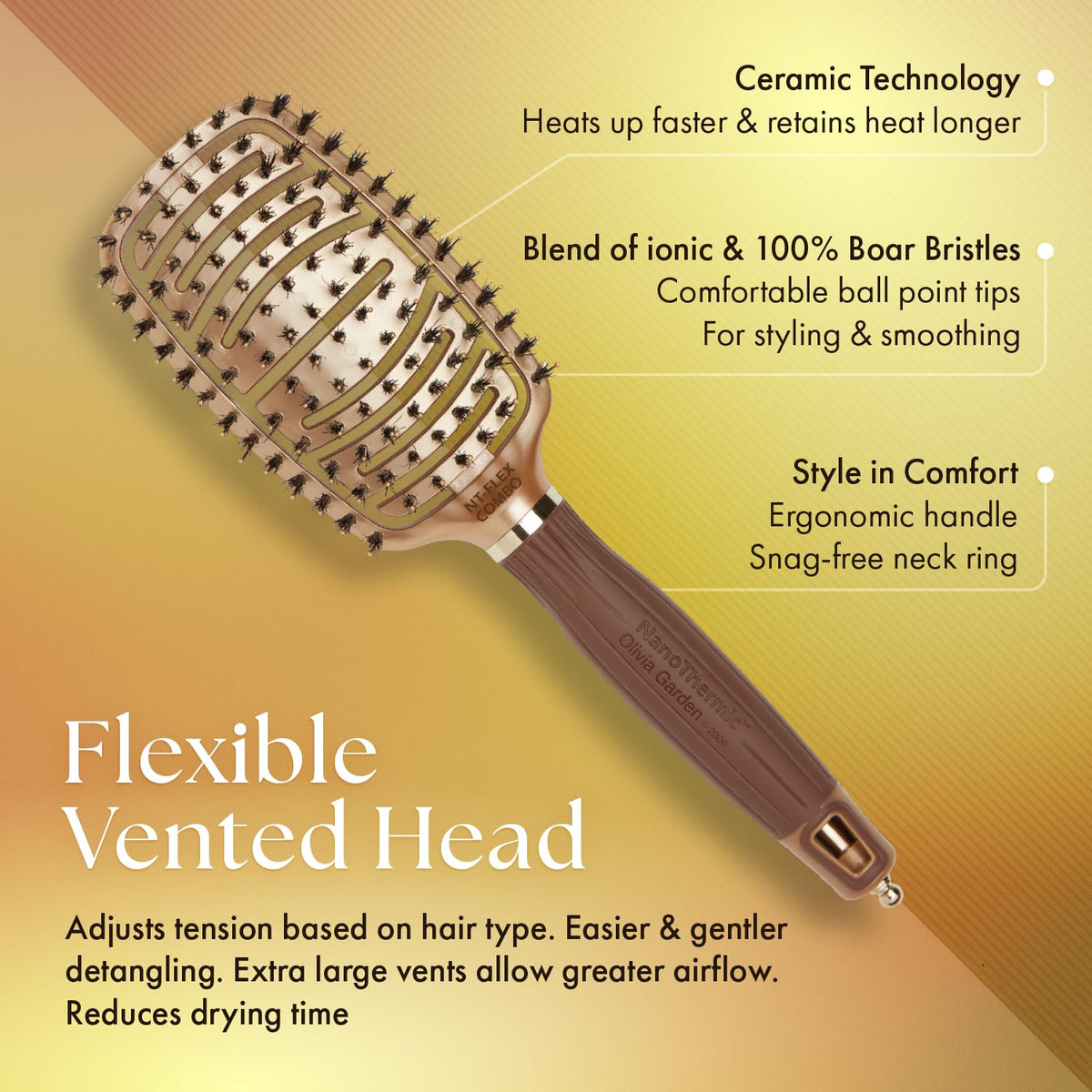 Olivia Garden NT-FLEXCO ball-tip detail emphasizing comfortable, non-scratch bristles.