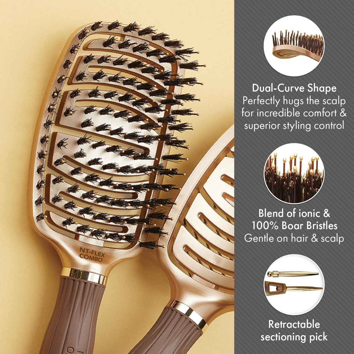 Olivia Garden NT-FLEXCO used for smoothing hair while styling for a sleek look.