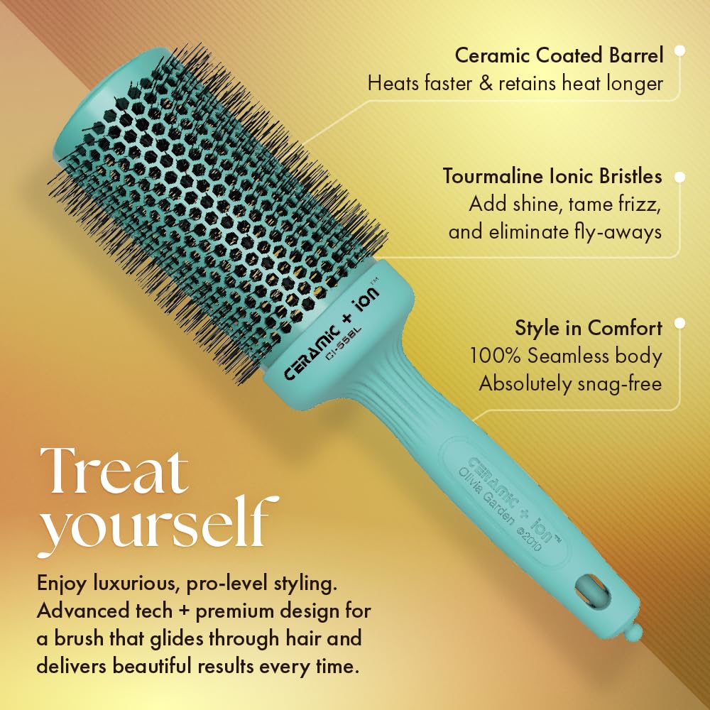 Olivia Garden round brush soft-tip bristles protect scalp while detangling.