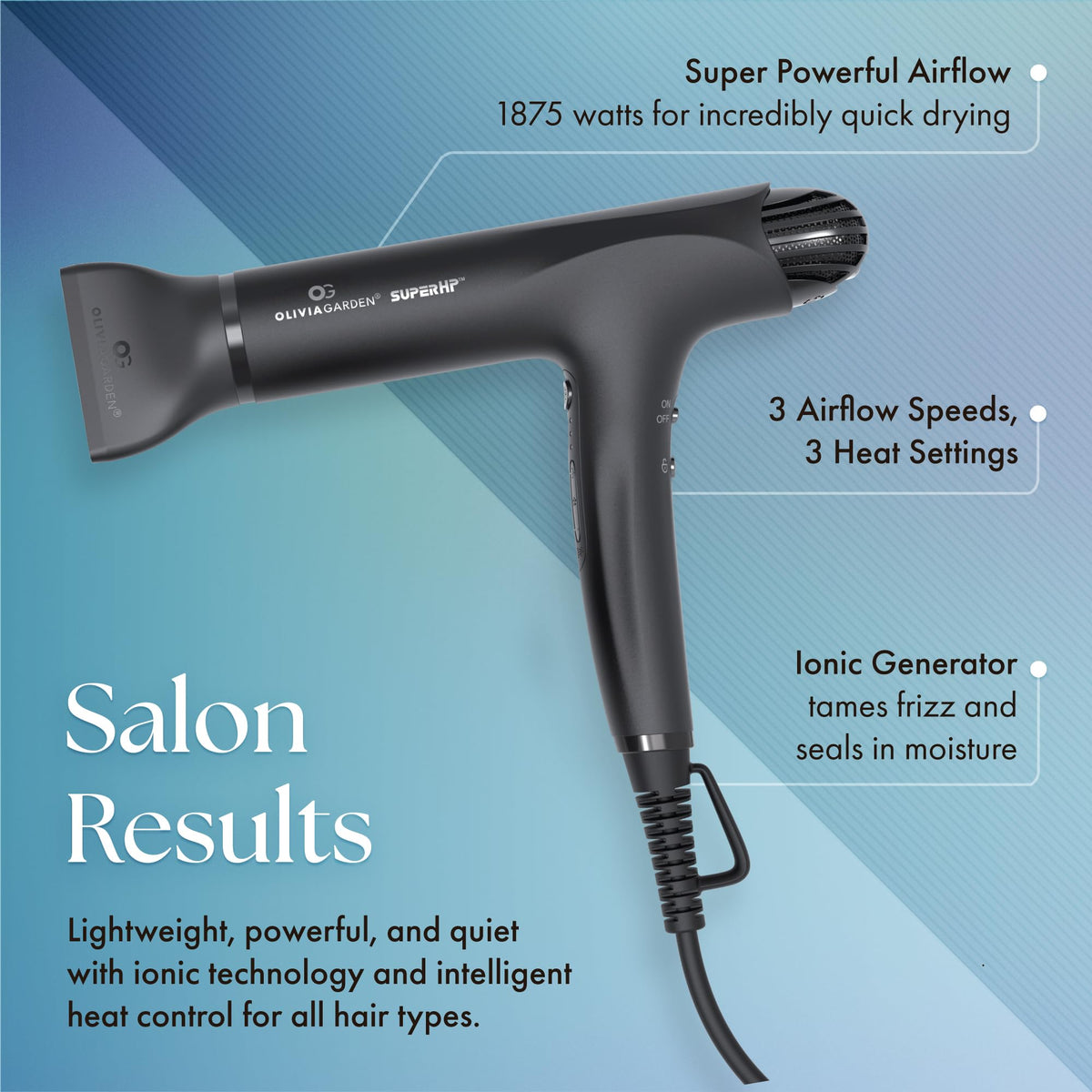 Olivia Garden SuperHP dryer with attachments demonstrating versatile styling options for all hair types
