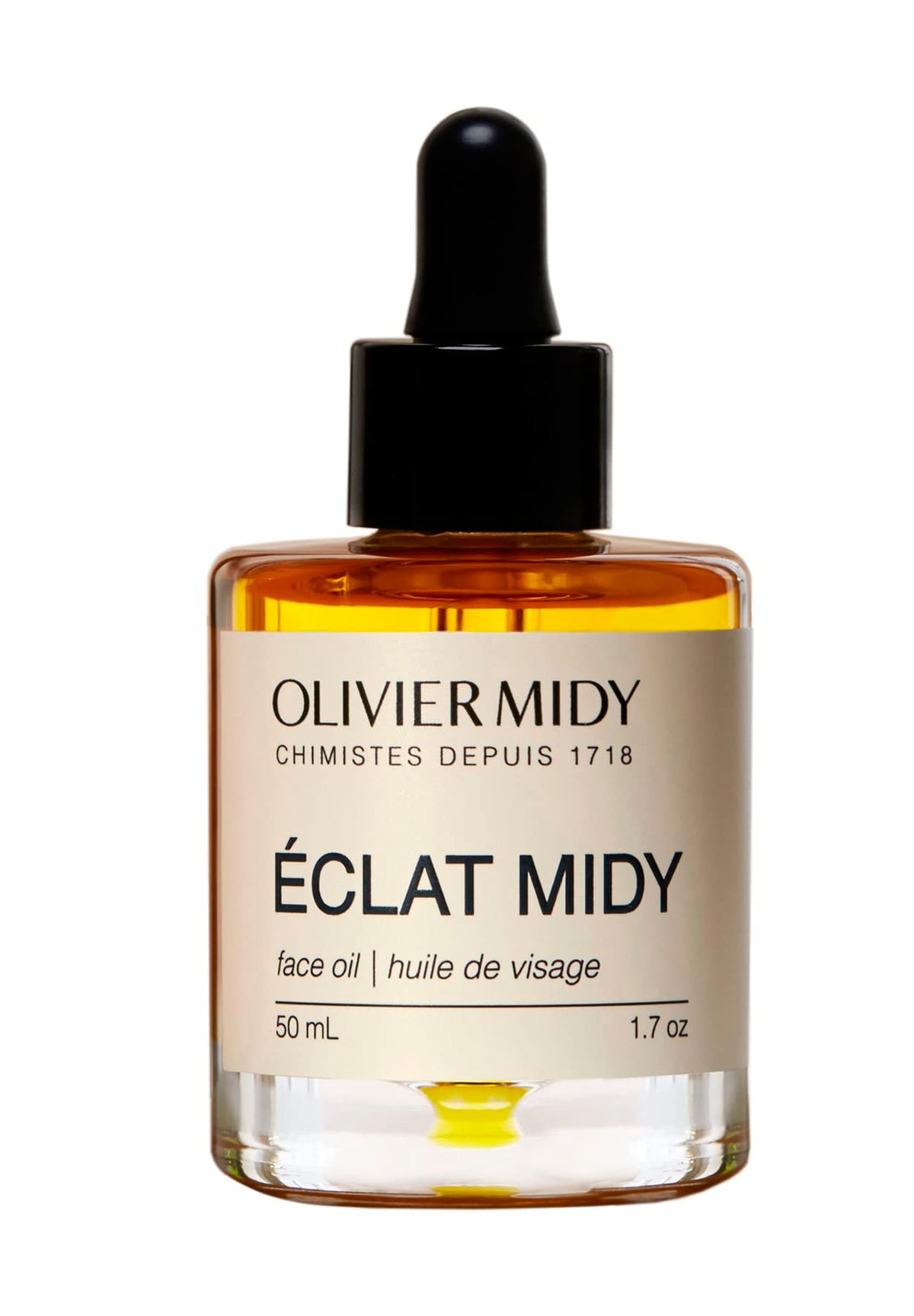 Olivier Midy Eclat Midy oil bottle front view showing vegan, fragrance-free formula for daily hydration.
