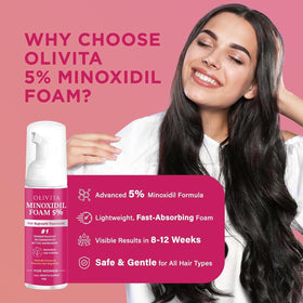 OLIVITA minoxidil foam closeup foamy-texture highlights easy application.