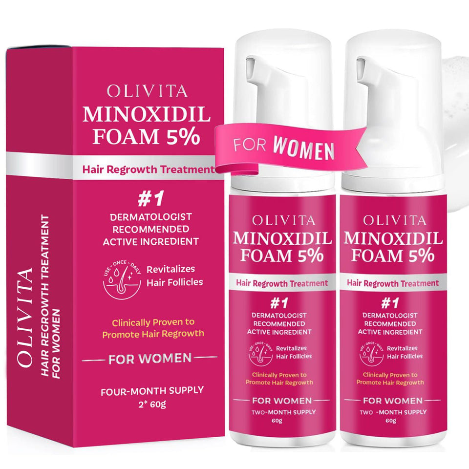 OLIVITA minoxidil foam 5% for women, pump-dispense, supports fuller-looking hair.