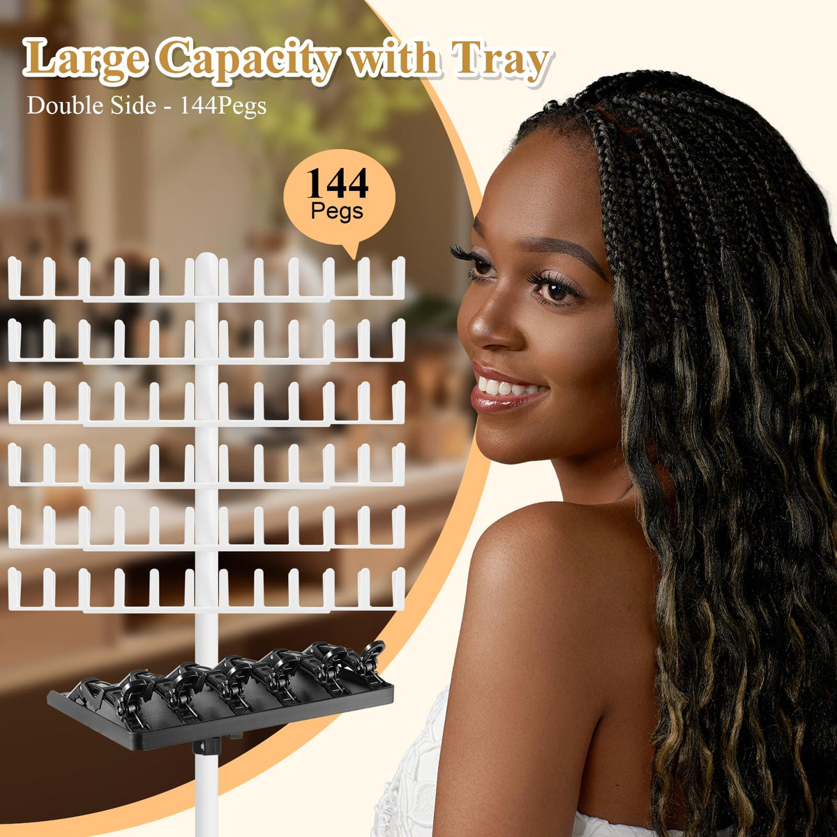 OLMRJKD height-adjustable, two-sided braiding rack for salon or home use.
