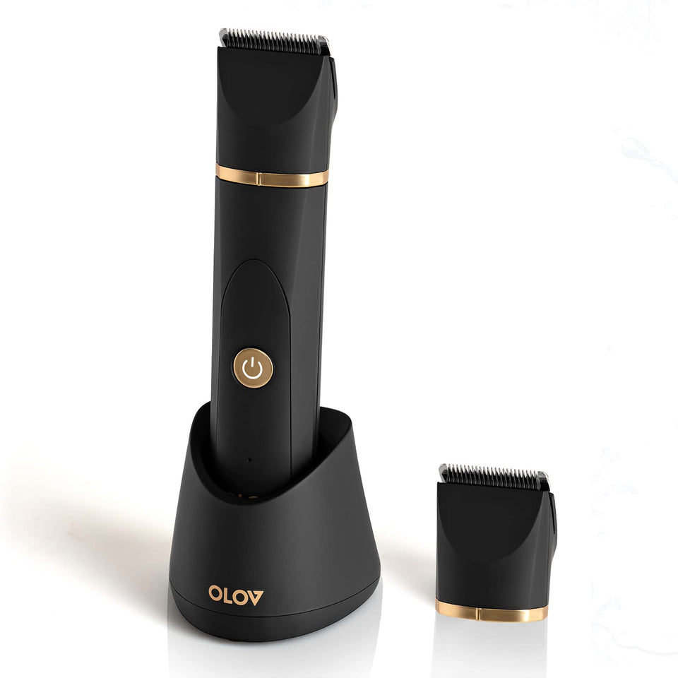 OLOV Electric Body Trimmer in hand, waterproof design for quick shower grooming.