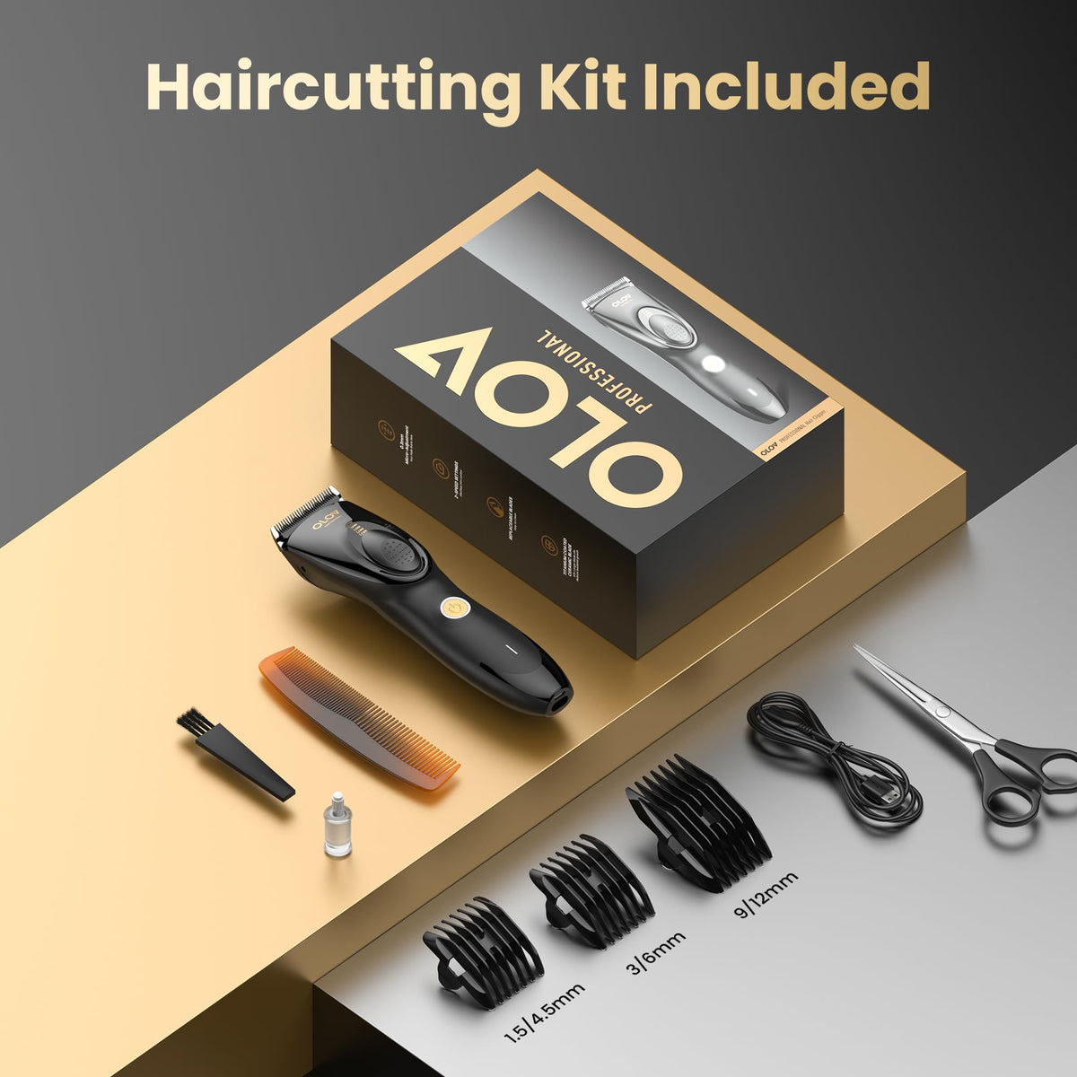 OLOV PROFESSIONAL attachments-included kit demonstrating versatile grooming options.
