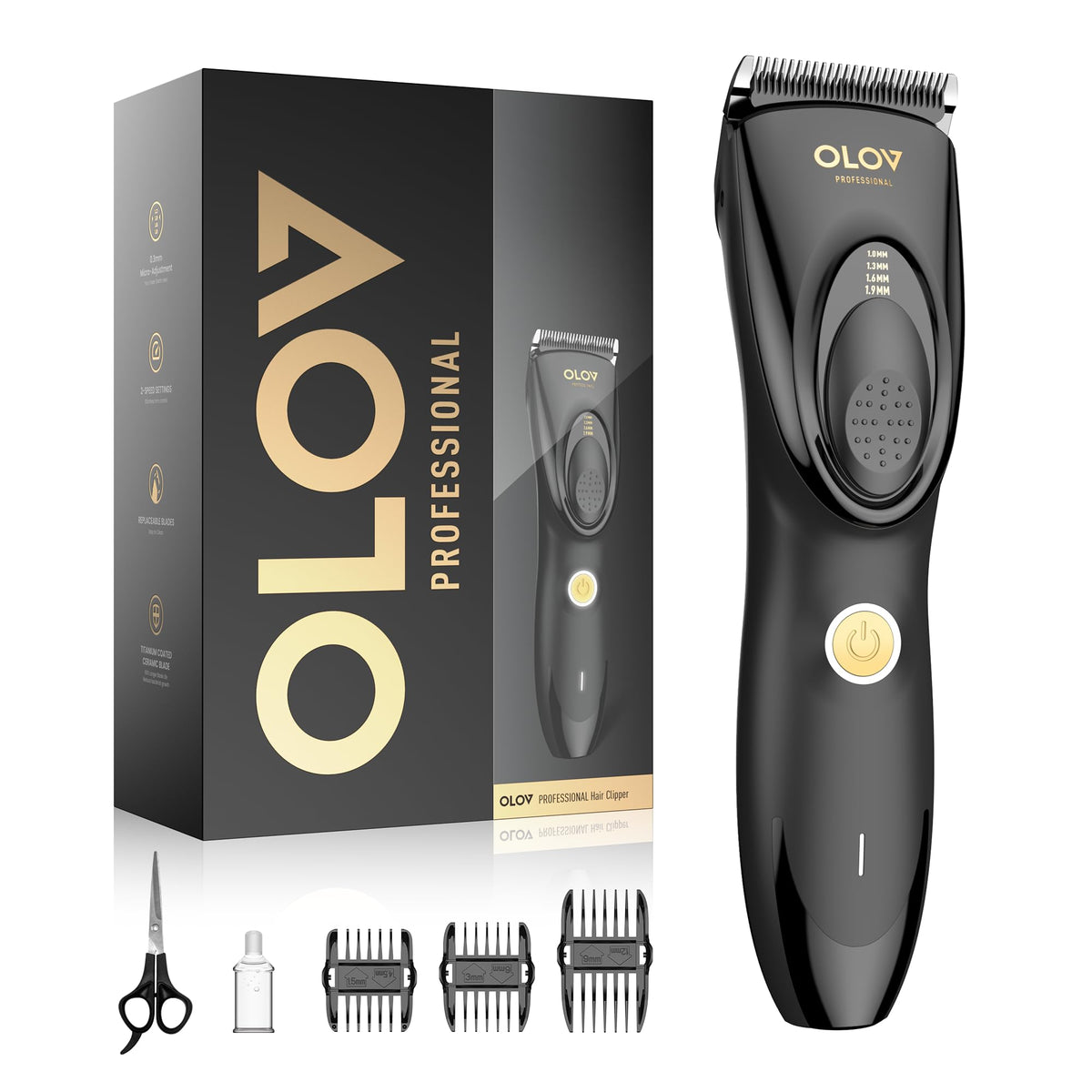 OLOV PROFESSIONAL cordless hair clippers with a sleek black handle for easy grooming on the go.