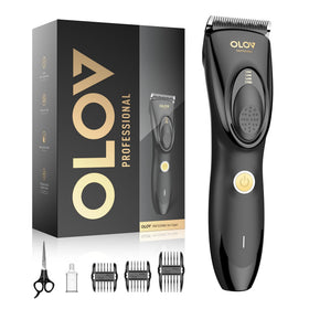 OLOV PROFESSIONAL cordless hair clippers with a sleek black handle for easy grooming on the go.