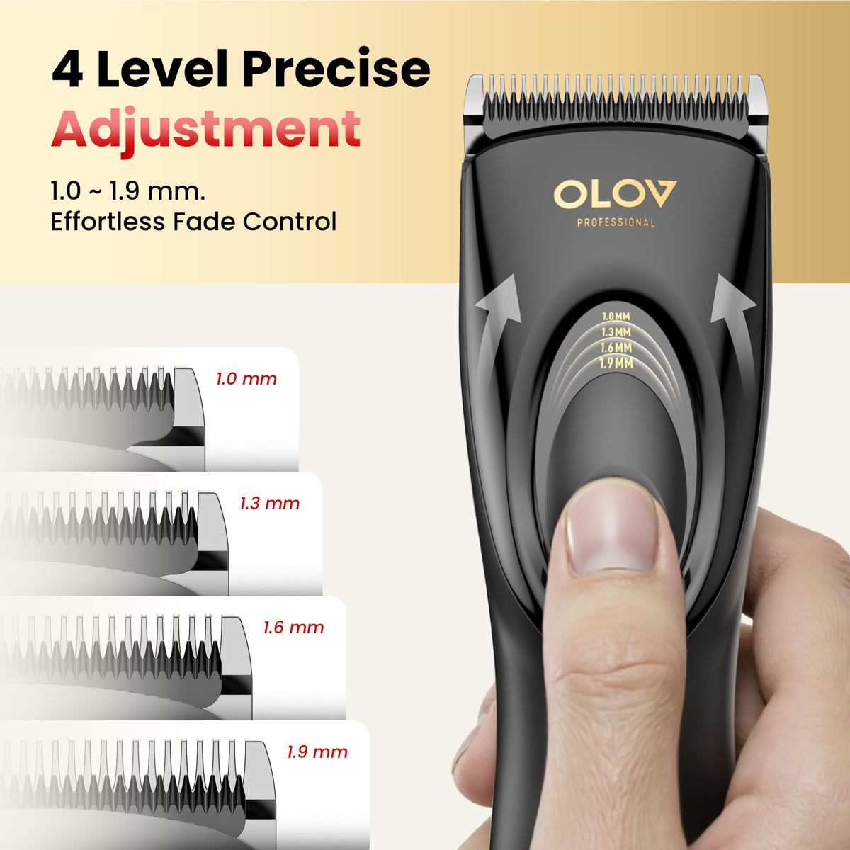 OLOV PROFESSIONAL hair clippers showcasing rechargeable battery for long-lasting power.