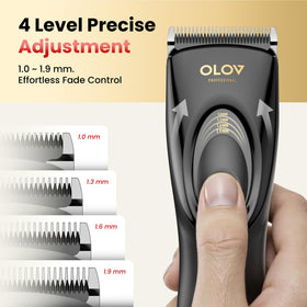 OLOV PROFESSIONAL hair clippers showcasing rechargeable battery for long-lasting power.