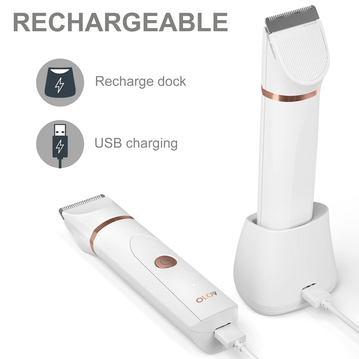 OLOV charging stand with USB cord showing stable power for grooming sessions