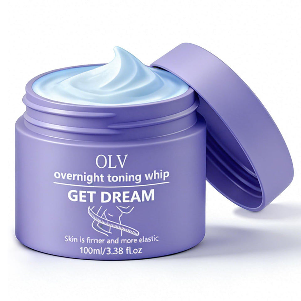 OLV Overnight Toning Whip bottle close-up highlights luxe night-time firming potential
