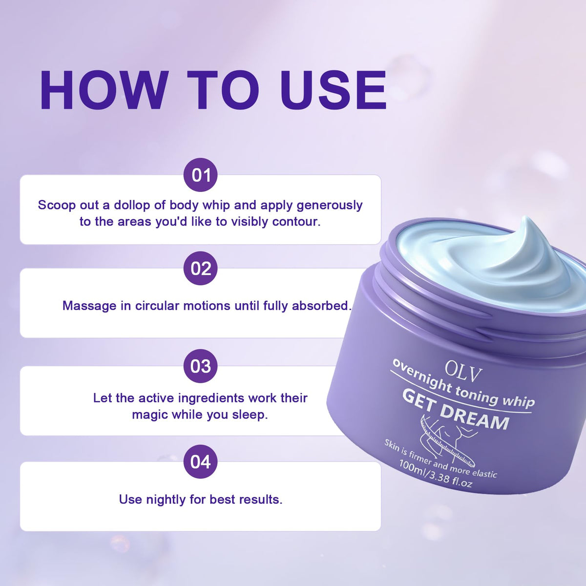 OLV Overnight Toning Whip packaging top view shows compact size and premium finish