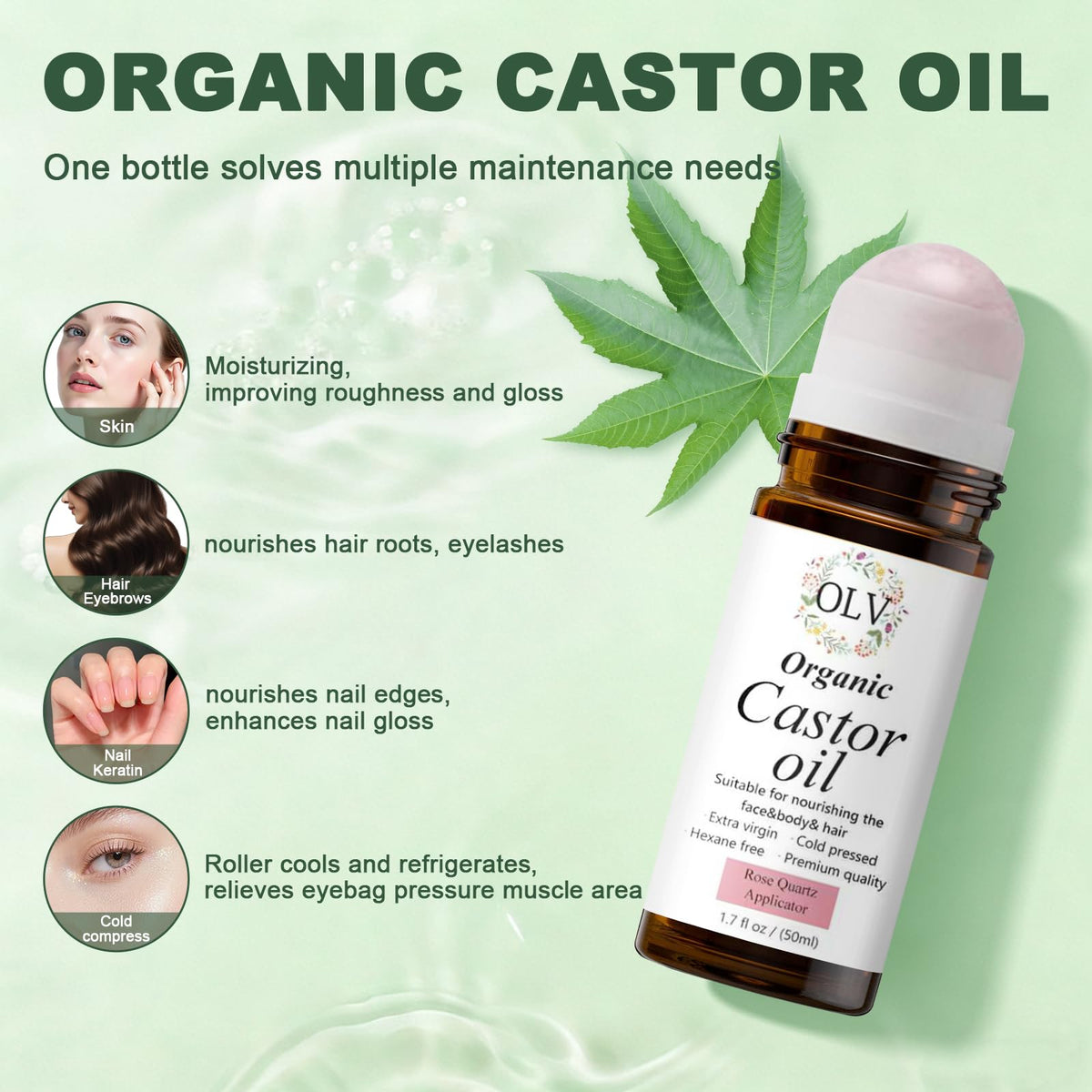 OLV rose quartz roller close-up for soothing facial massage.