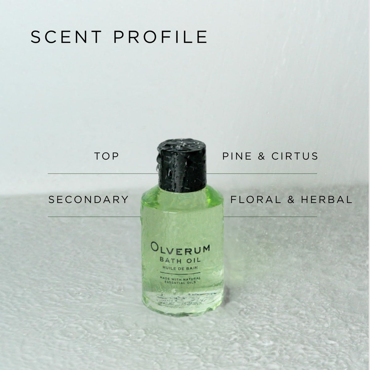OLVERUM bath oil in a warm tub evokes a soothing soak.