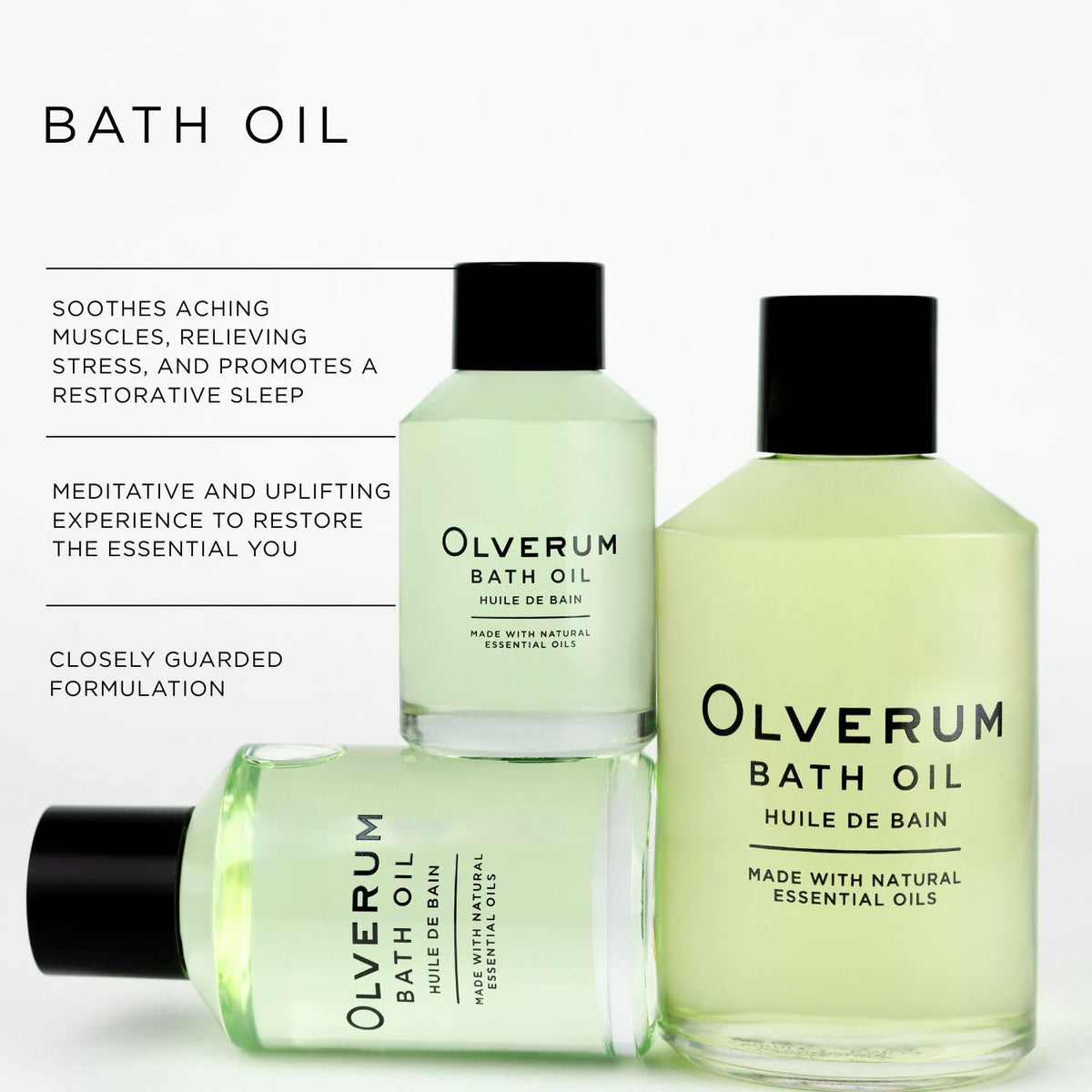 OLVERUM bath oil being poured for a relaxing spa like bath ritual.