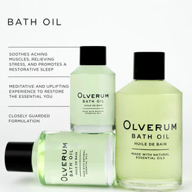 OLVERUM bath oil being poured for a relaxing spa like bath ritual.