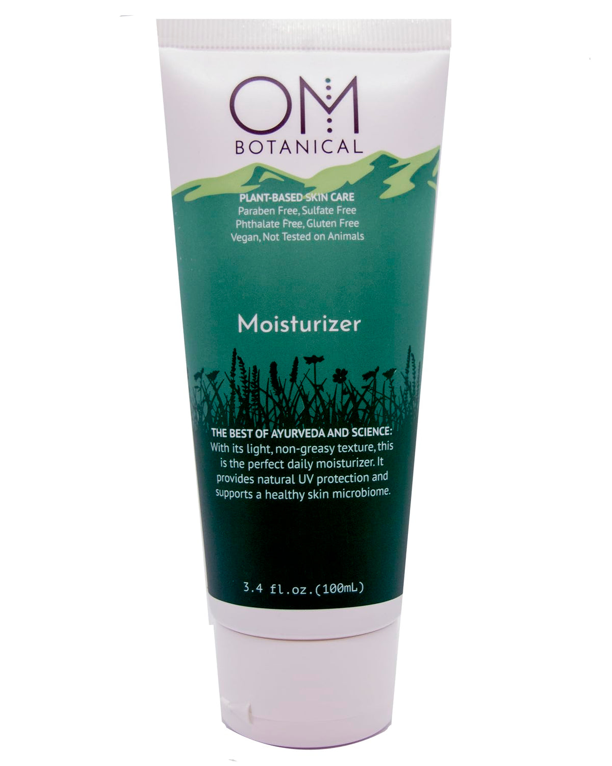 OM Botanical face and body moisturizer bottle showing lightweight hydration for daily use