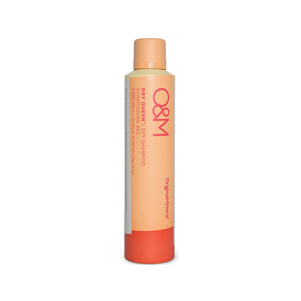 O&amp;M Dry Queen dry shampoo bottle shot showing instant oil absorption and fresh look
