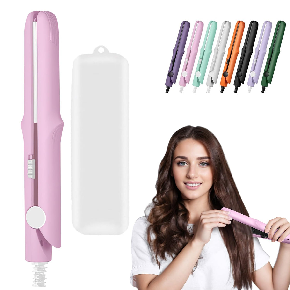 Omaky 2-in-1 mini curling wand and flat iron in pink for versatile styling