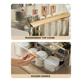 Omeily makeup organizer with golden handle for stylish, easy reach.