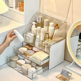 Omeily cosmetics storage box top view with transparent lid for quick access.