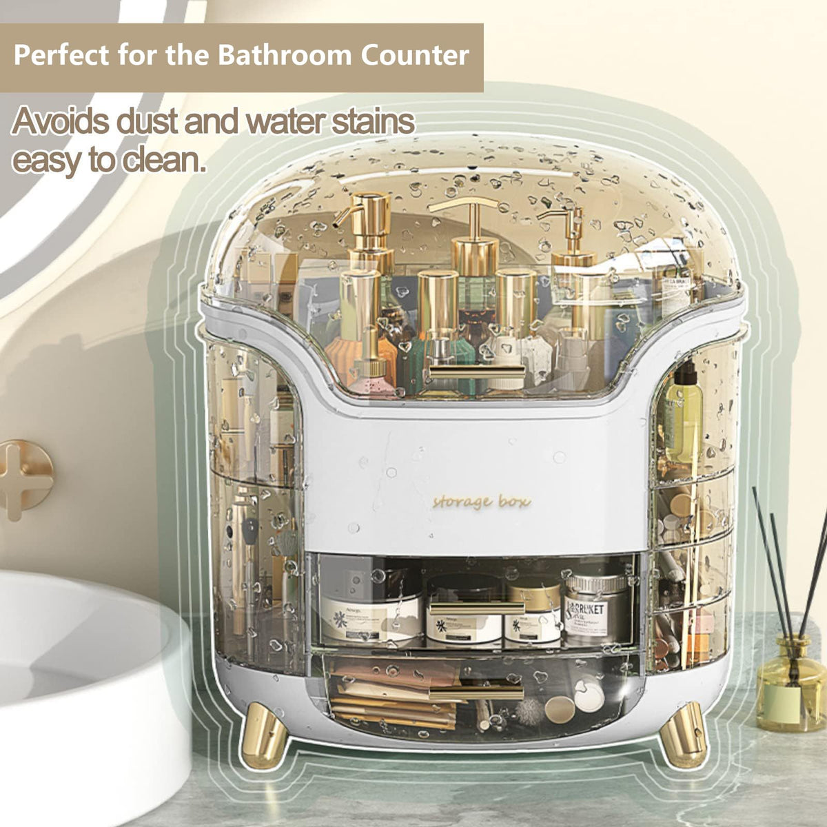 Omeily fits skincare, cosmetics, lipsticks, and jewelry in one tidy display.