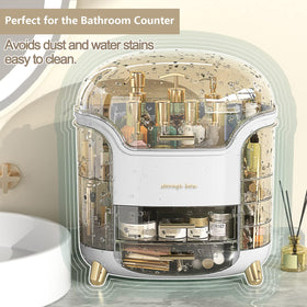 Omeily fits skincare, cosmetics, lipsticks, and jewelry in one tidy display.